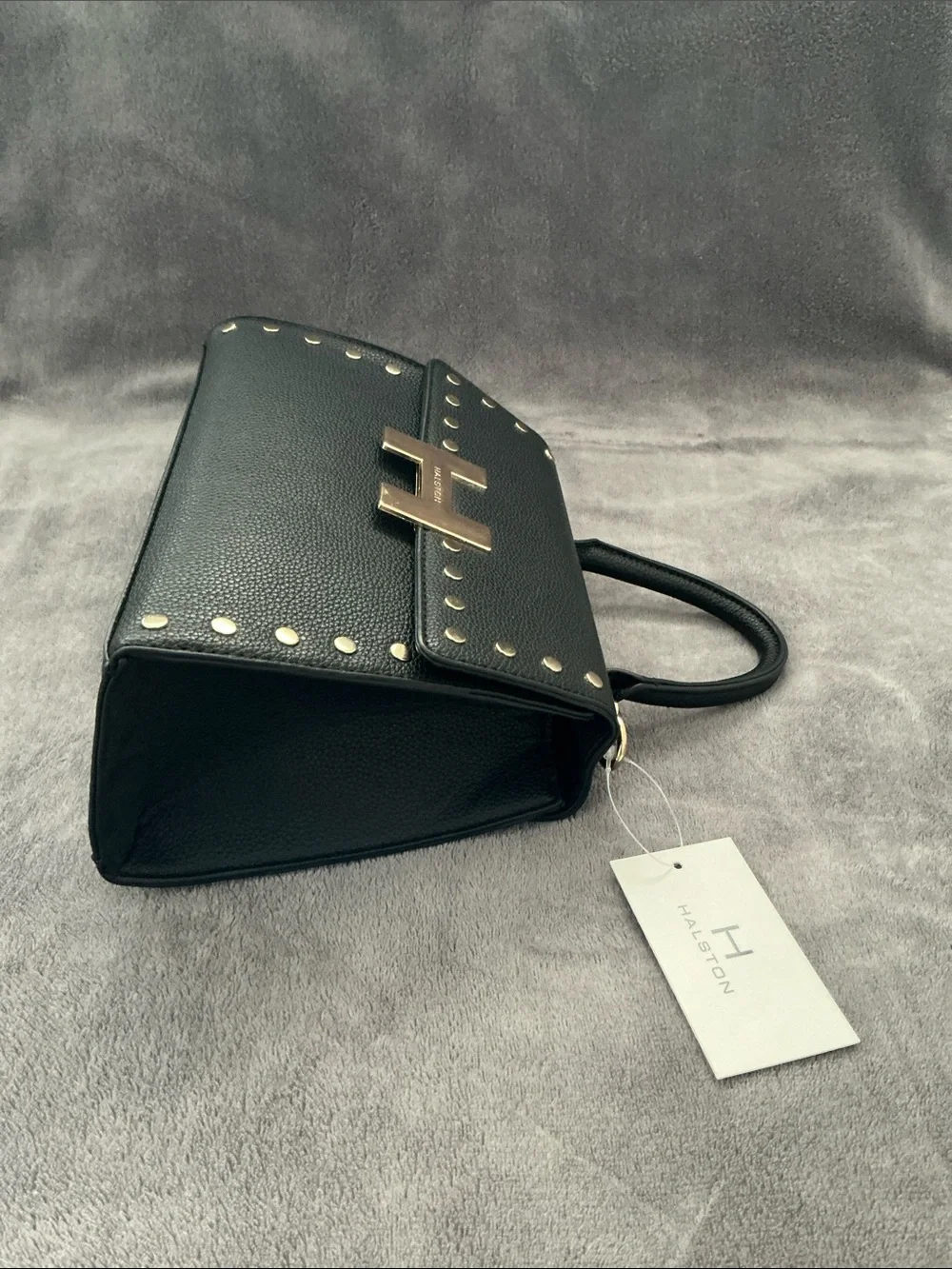 NWT Halston Heritage Black Vegan Leather Top-Handle Satchel with Gold H Clasp